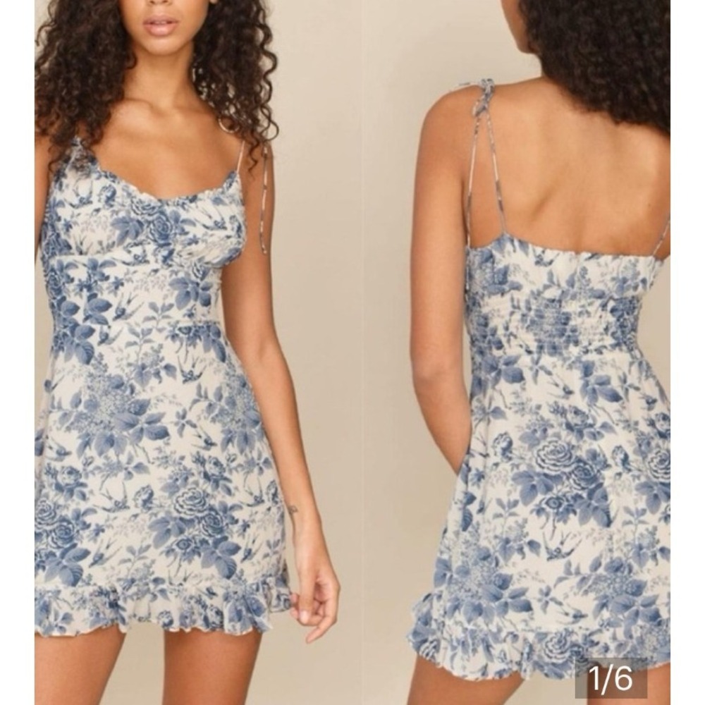 Reformation Dress Size 12 Blue White Floral Pompadour Esther Mini